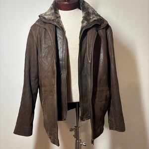 Men's Classic Brown Leather Jacket with Faux Fur Collar